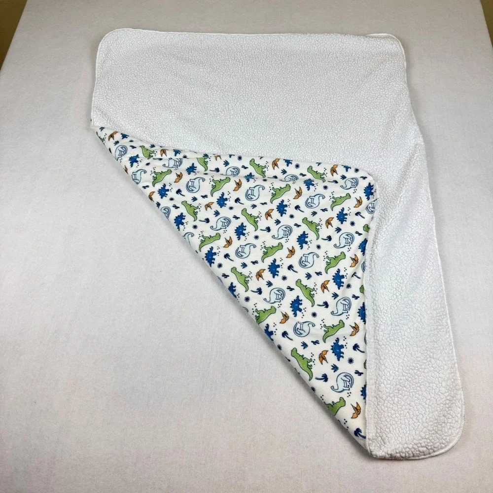 Dinosaur Print Reversible Sherpa Fleece Baby Blanket Blue Green White